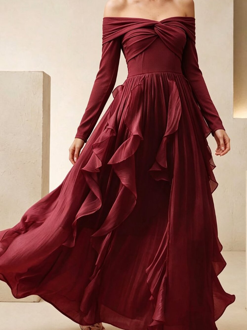 Burgundy Women's Party Off-Shoulder Zipper Ruffle Hem A-Line Long Dress - Picture 3 of 7